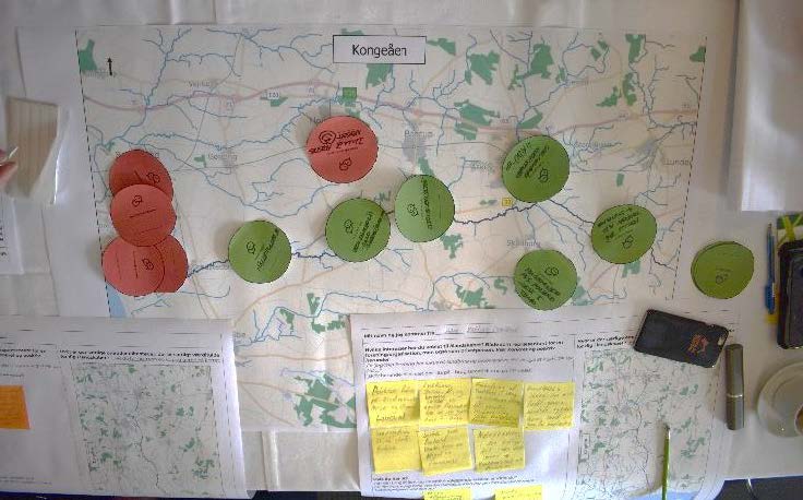 Figur 1: Grupperne kortlagde deres fælles og modstridende interesser ved brug af grønne og røde cirkler.